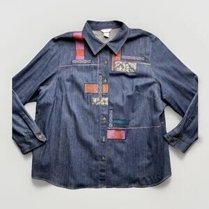 Koret Blue Jean Shirt Womens Top 24W Long Sleeve City Blues Embroidered Denim